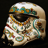 <b>Stormtrooper Calavera Maya</b><br/>Acrylique sur casque de Stormtrooper en plâtre et papier mâché<br/>9 x 9 x 10 pouces<br/>Septembre 2011